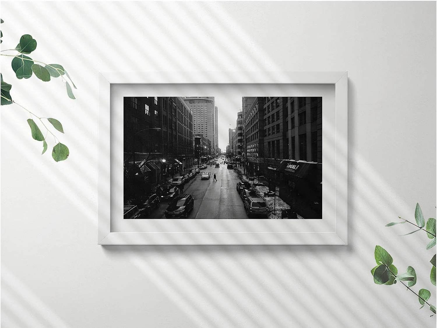 Tableau décoratif avec cadre blanc, Rues noires et blanches de Chicago 30 x 20 cm – Parfait pour le salon ou la chambre