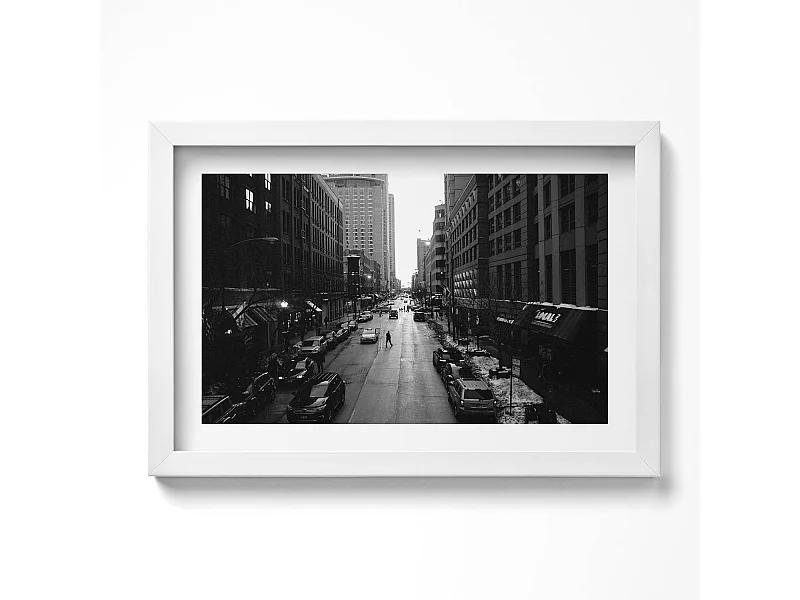 Dekoratives Gemälde mit weißem Rahmen, Black and White Streets of Chicago 30 x 20 cm – Perfekt für das Wohn- oder Schlafzimmer