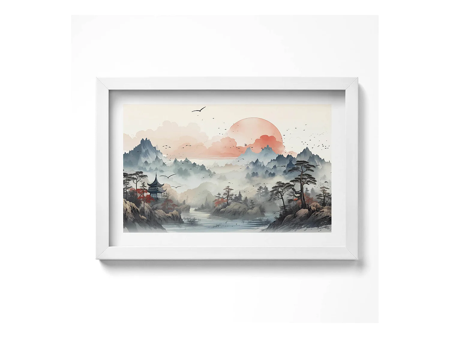Tableau décoratif avec cadre blanc, Paysage forestier de montagne 30 x 20 cm – Parfait pour le salon ou la chambre