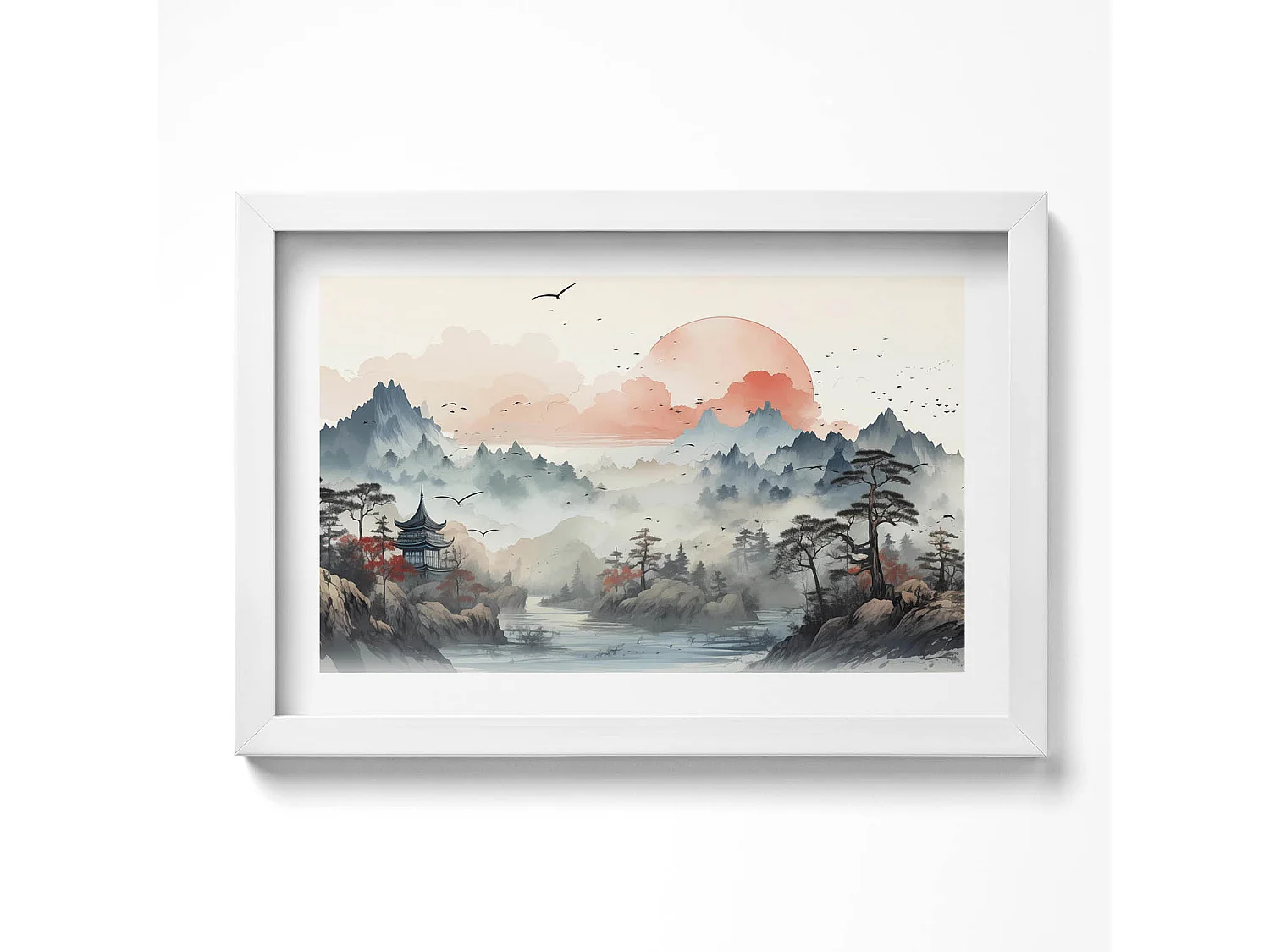 Tableau décoratif avec cadre blanc, Paysage forestier de montagne 30 x 20 cm – Parfait pour le salon ou la chambre