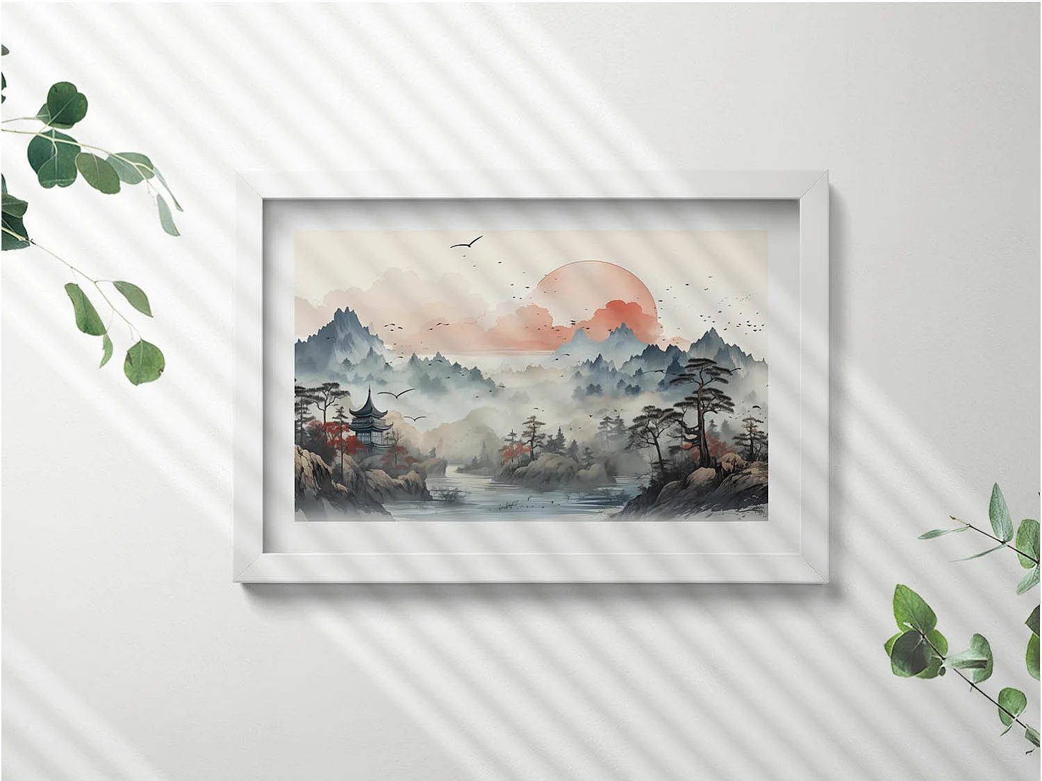 Tableau décoratif avec cadre blanc, Paysage forestier de montagne 30 x 20 cm – Parfait pour le salon ou la chambre