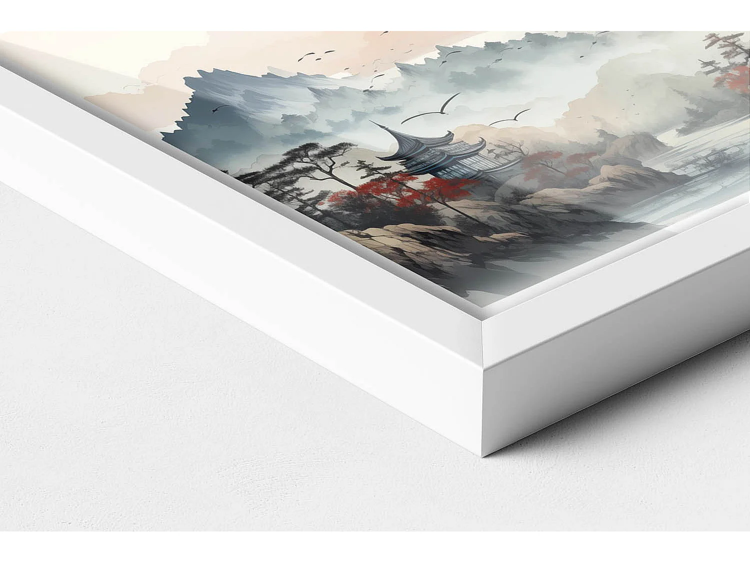 Tableau décoratif avec cadre blanc, Paysage forestier de montagne 30 x 20 cm – Parfait pour le salon ou la chambre