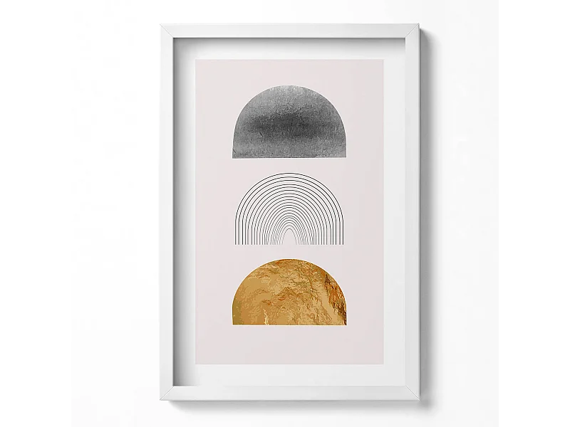 Tableau décoratif avec cadre blanc, Formes bohèmes avec de l'or 40 x 60 cm– Parfait pour le salon ou la chambre