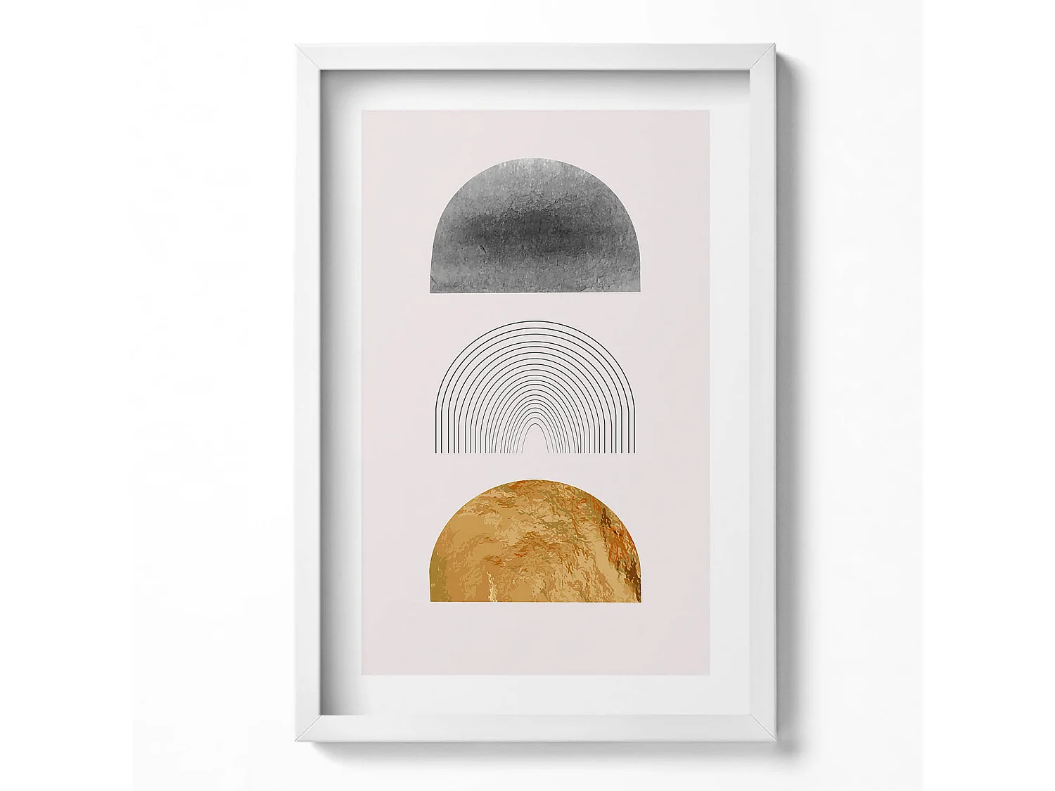 Tableau décoratif avec cadre blanc, Formes bohèmes avec de l'or 40 x 60 cm– Parfait pour le salon ou la chambre