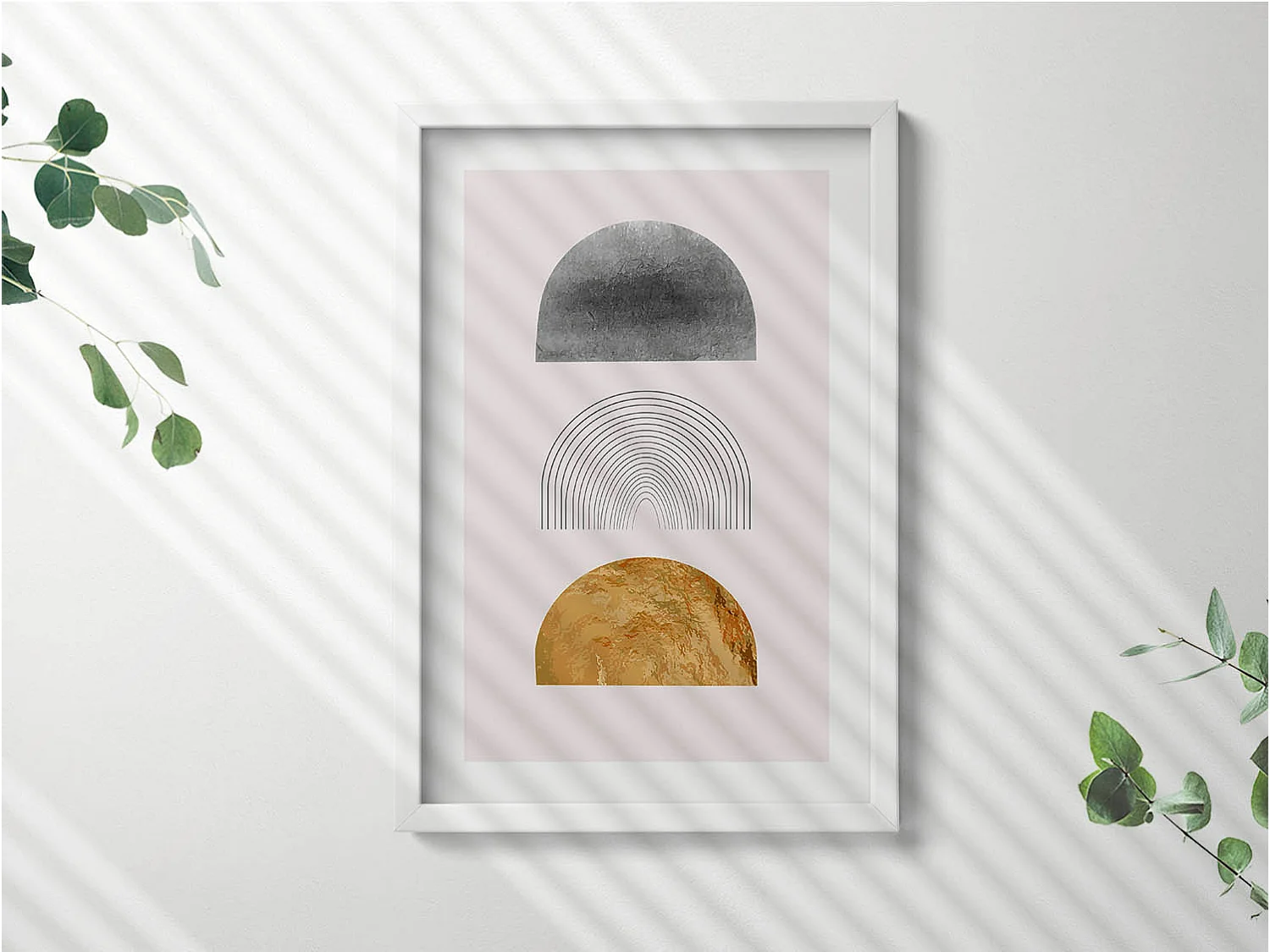 Tableau décoratif avec cadre blanc, Formes bohèmes avec de l'or 40 x 60 cm– Parfait pour le salon ou la chambre