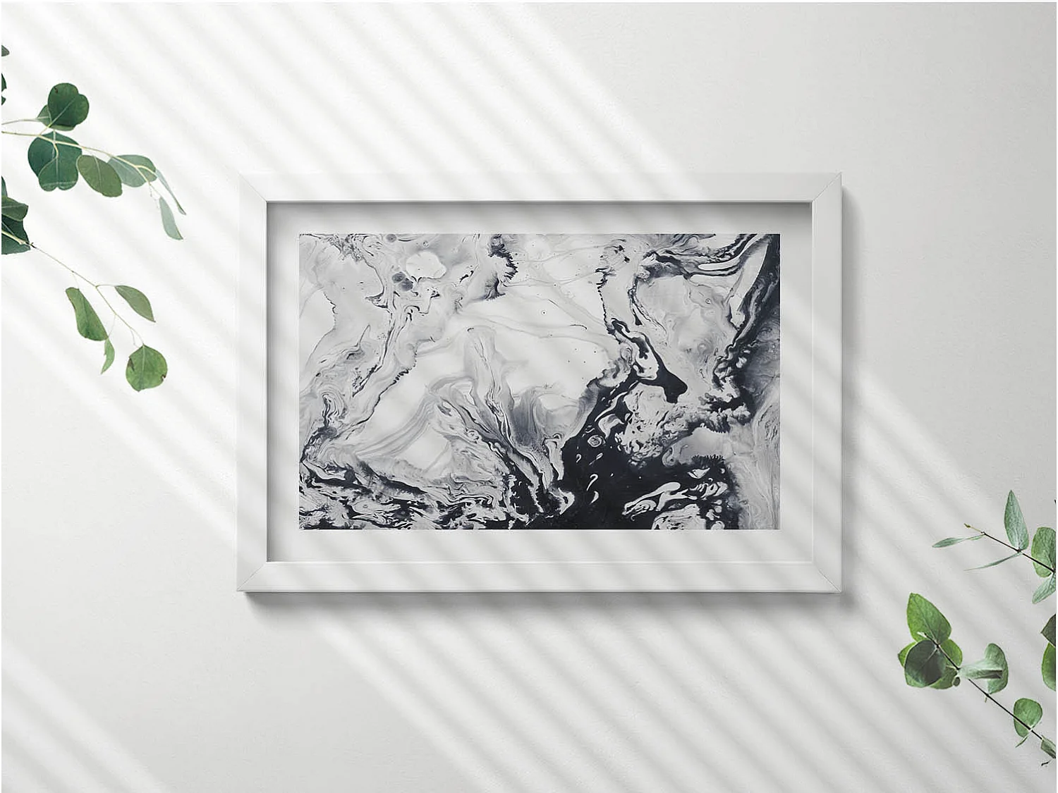 Quadro decorativo con cornice bianca, Astrazione inchiostro - inchiostro marmorizzato 30 x 20 cm - Perfetto per il soggiorno o la camera da letto