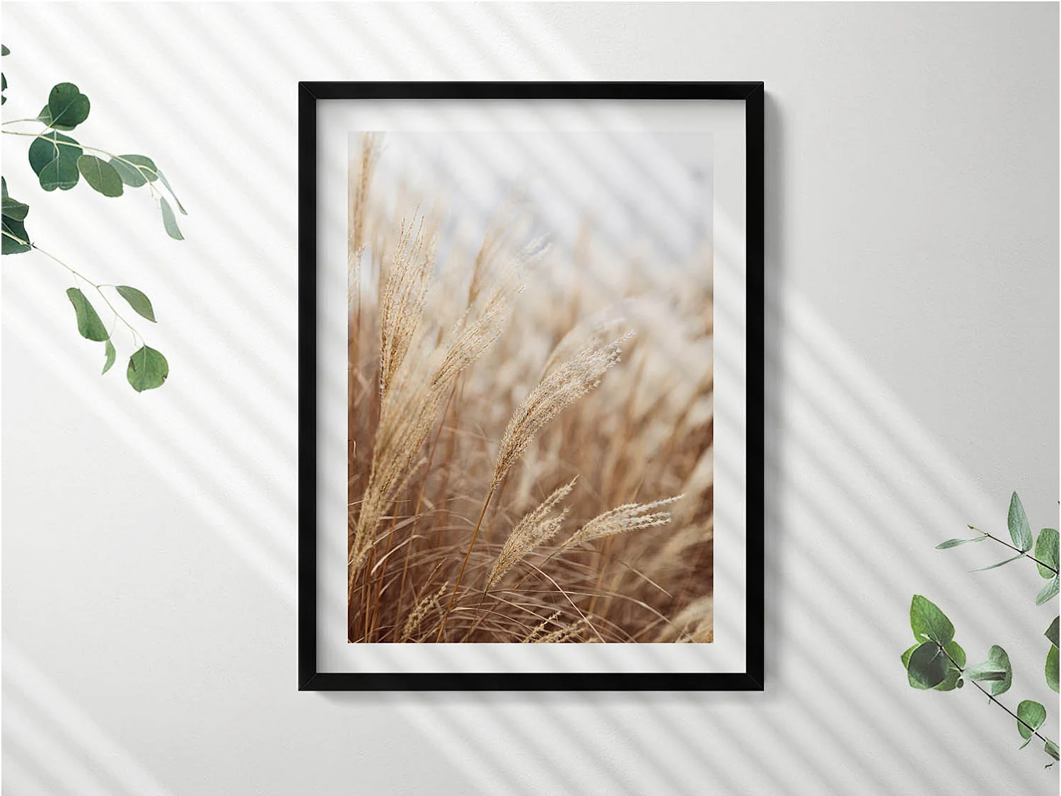 Decoratief schilderij met zwarte lijst, Boheemse grasgranen natuur 60 x 80 cm – Perfect voor in de woon- of slaapkamer