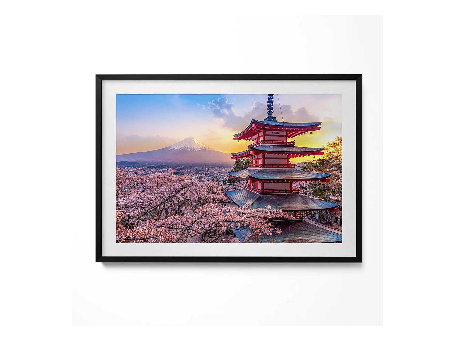 Tableau décoratif avec cadre noir, construction japonaise 100 x 70 cm– Parfait pour le salon ou la chambre