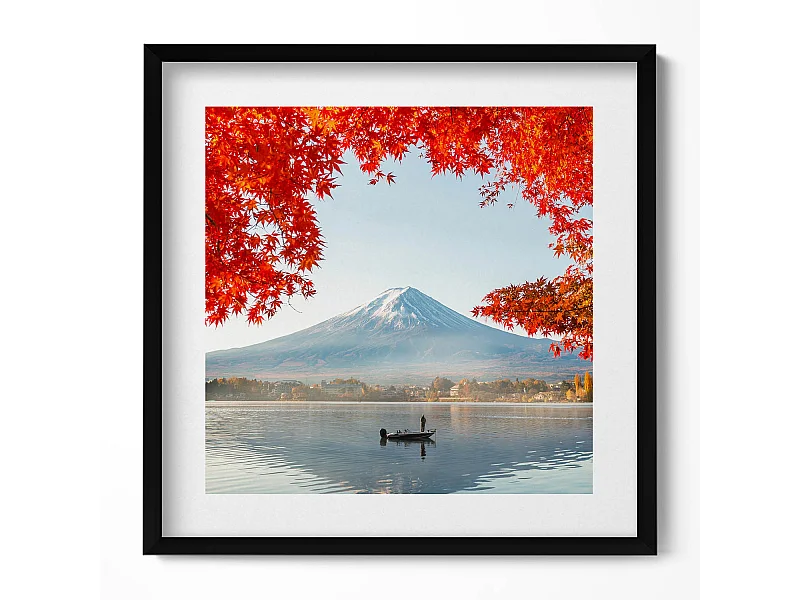 Dekoratives Gemälde mit schwarzem Rahmen, Landschaft des Berges Fuji unter dem roten Baum 50 x 50 cm – Perfekt für das Wohn- oder Schlafzimmer