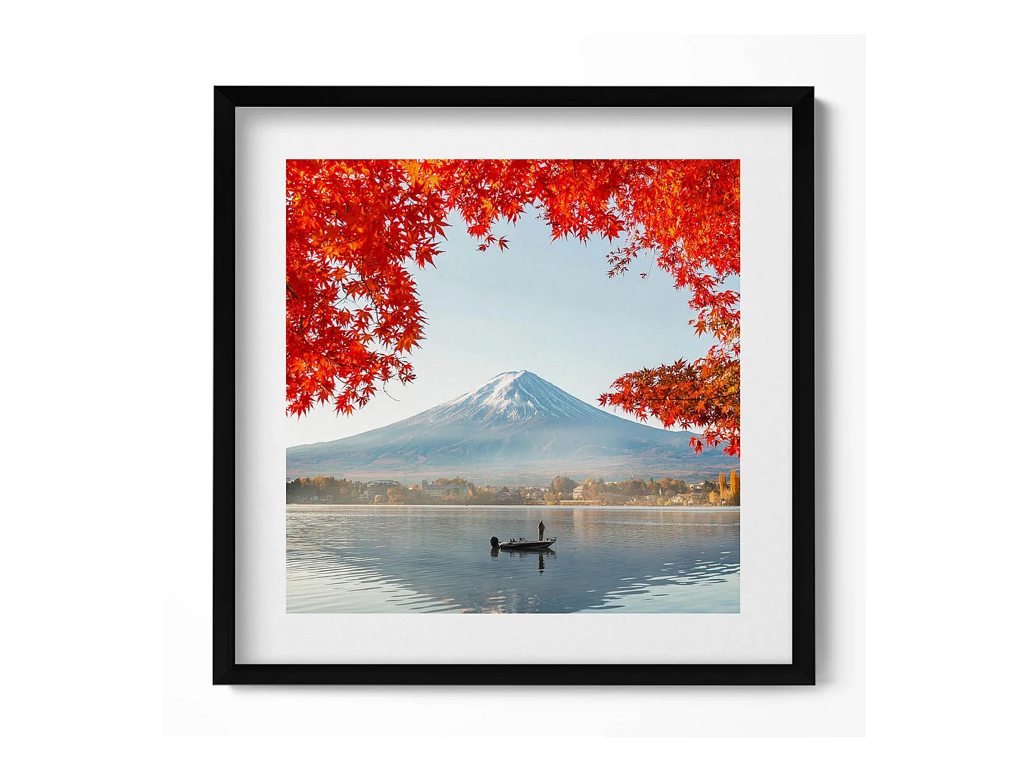 Tableau décoratif avec cadre noir, Paysage du Mont Fuji sous l'arbre rouge 50 x 50 cm – Parfait pour le salon ou la chambre