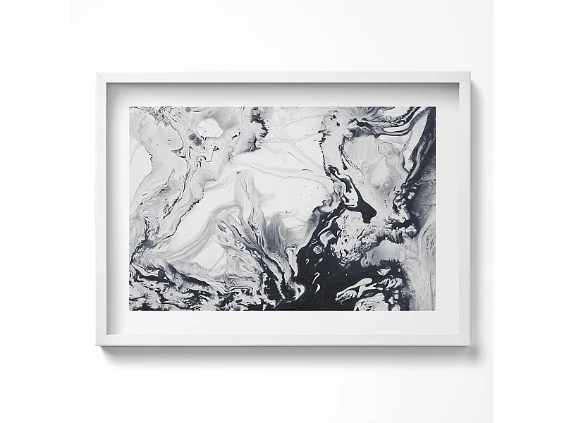 Dekoratives Gemälde mit weißem Rahmen, Tuscheabstraktion – Marmortinte 70 x 50 cm – Perfekt für das Wohn- oder Schlafzimmer