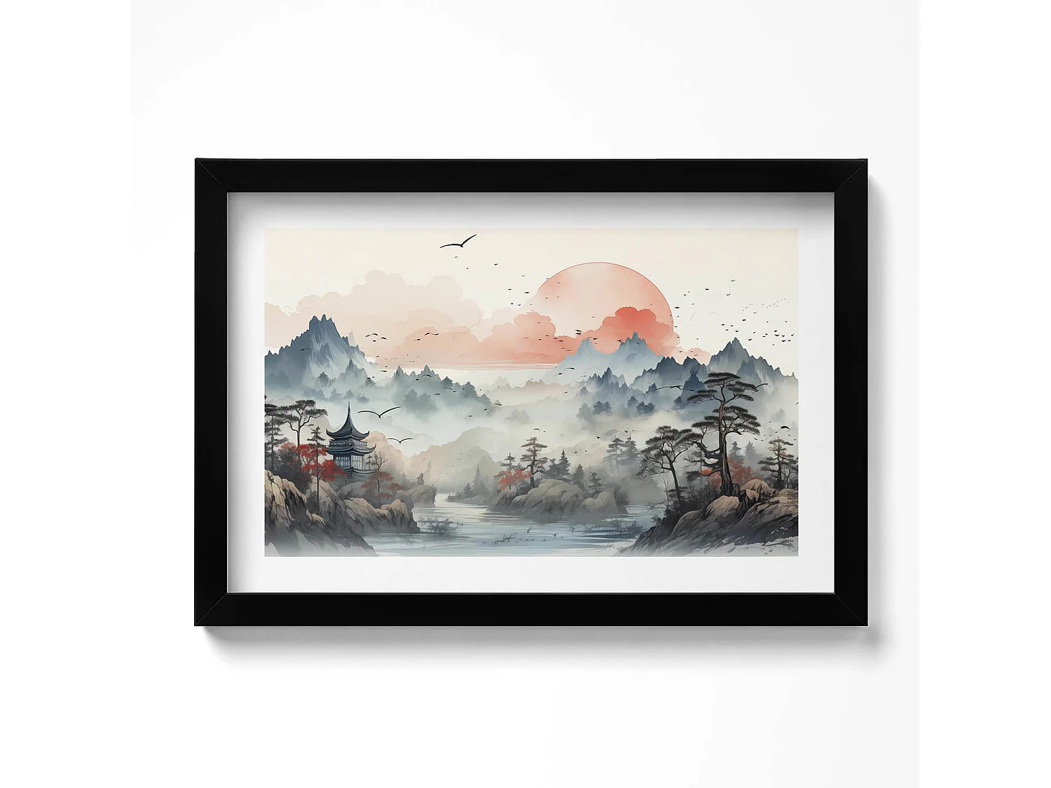 Tableau décoratif avec cadre noir, Paysage forestier de montagne 30 x 20 cm – Parfait pour le salon ou la chambre