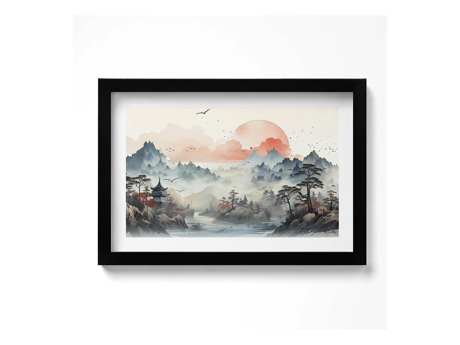 Tableau décoratif avec cadre noir, Paysage forestier de montagne 30 x 20 cm – Parfait pour le salon ou la chambre