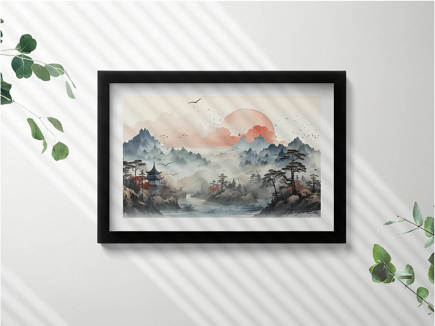 Tableau décoratif avec cadre noir, Paysage forestier de montagne 30 x 20 cm – Parfait pour le salon ou la chambre