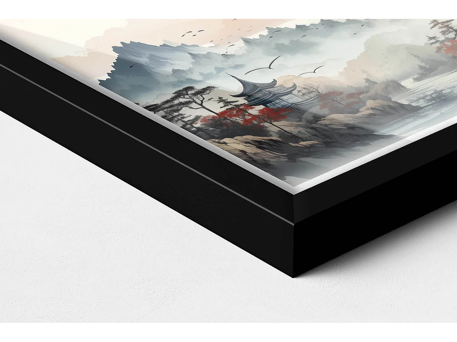 Tableau décoratif avec cadre noir, Paysage forestier de montagne 30 x 20 cm – Parfait pour le salon ou la chambre