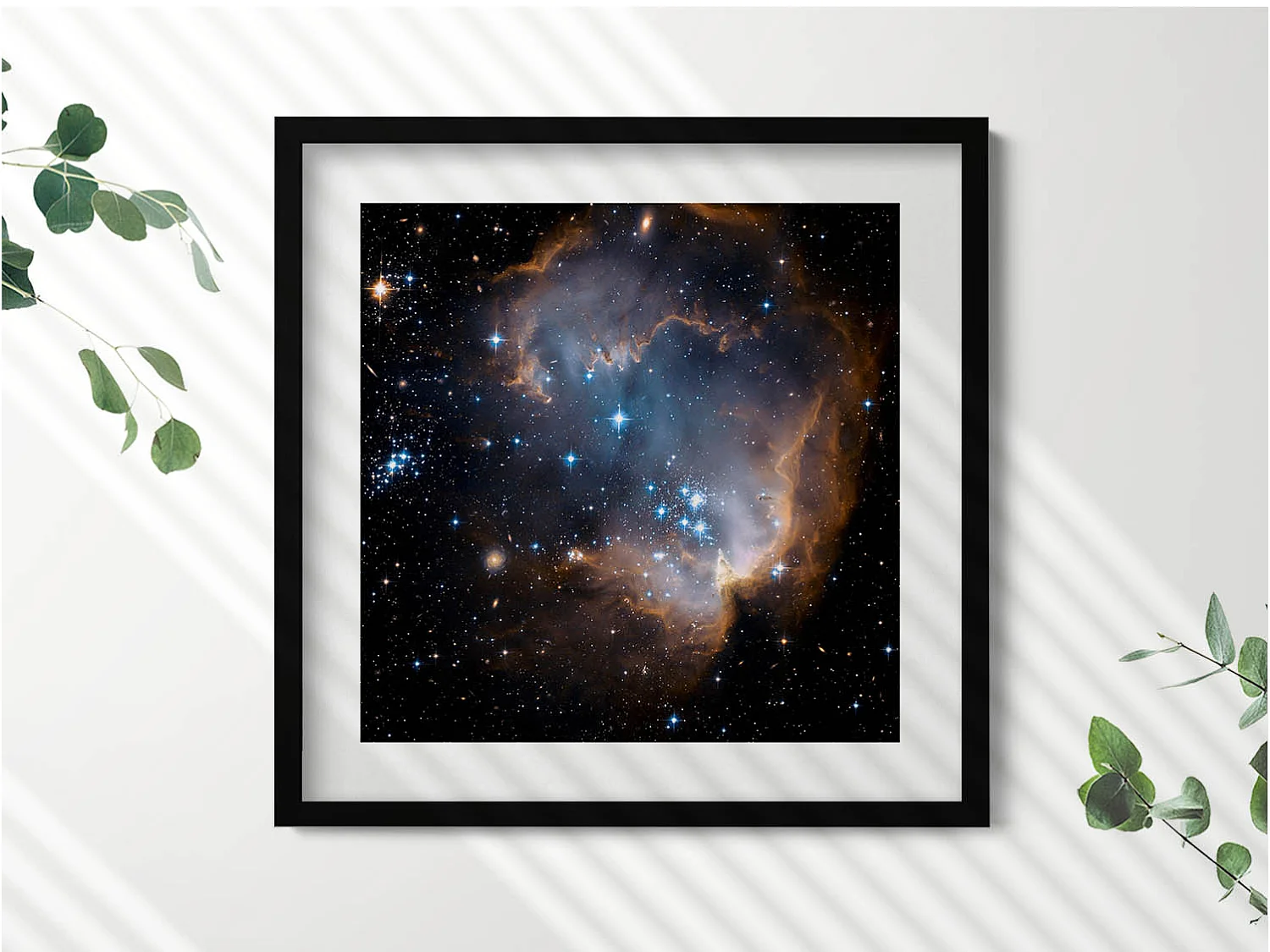 Decoratief schilderij met zwarte lijst, Boheemse zon en abstracte planten 50 x 50 cm - Perfect voor de woon- of slaapkamer