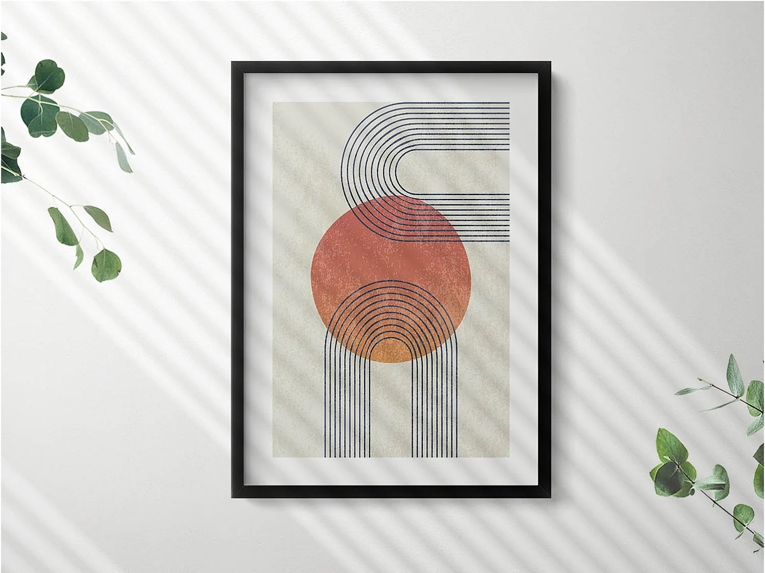 Dekoratives Gemälde mit schwarzem Rahmen, Linien und Kreis moderner Kunst 50 x 70 cm – Perfekt für das Wohn- oder Schlafzimmer