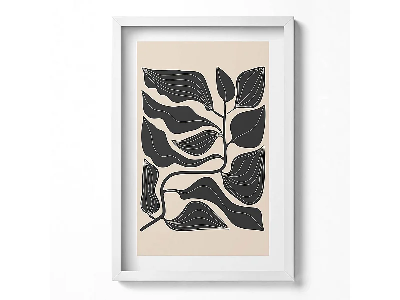 Decoratief schilderij met witte lijst, minimalistische planten 40 x 60 cm – Perfect voor de woon- of slaapkamer