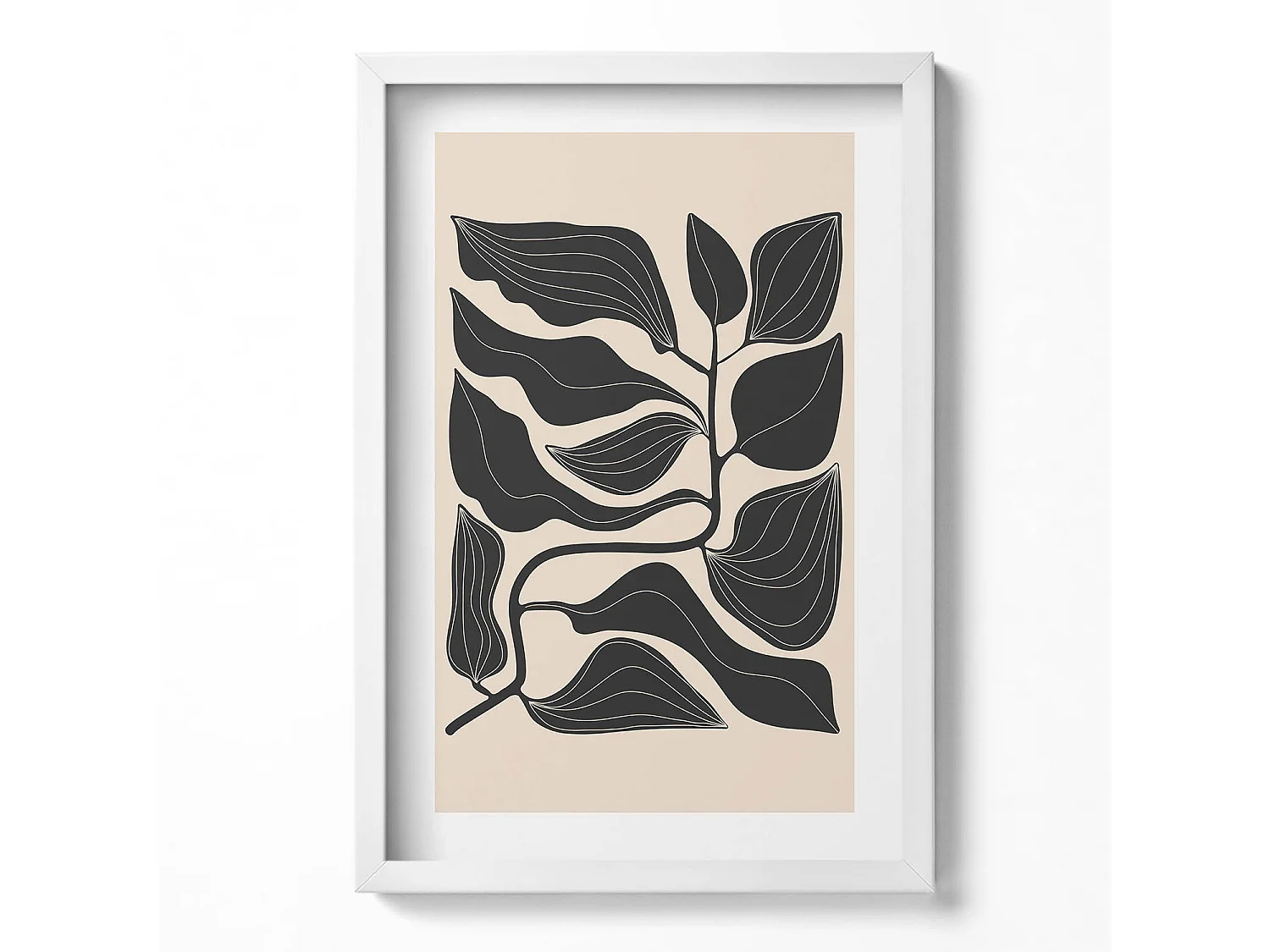 Dekoratives Gemälde mit weißem Rahmen, minimalistische Pflanzen 40 x 60 cm – perfekt für das Wohn- oder Schlafzimmer