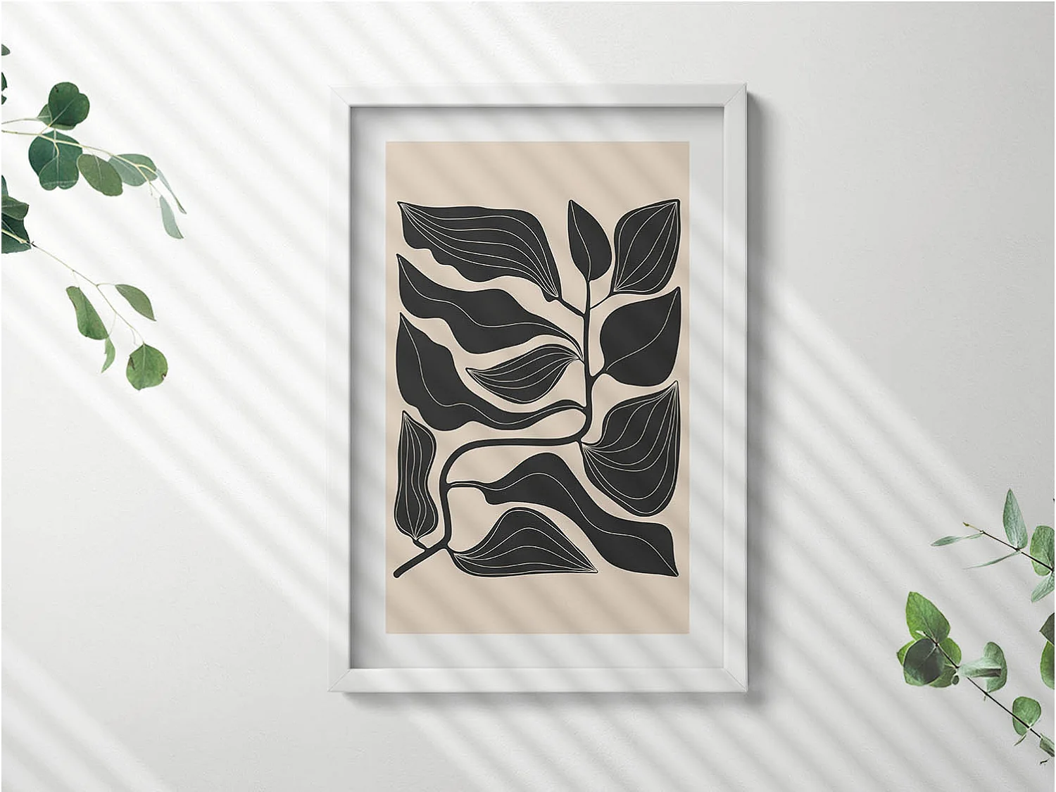 Dekoratives Gemälde mit weißem Rahmen, minimalistische Pflanzen 40 x 60 cm – perfekt für das Wohn- oder Schlafzimmer