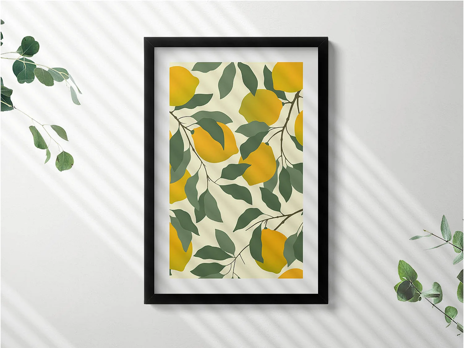 Dekoratives Gemälde mit schwarzem Rahmen, Illustration von Zitronen 40 x 60 cm – Perfekt für das Wohn- oder Schlafzimmer