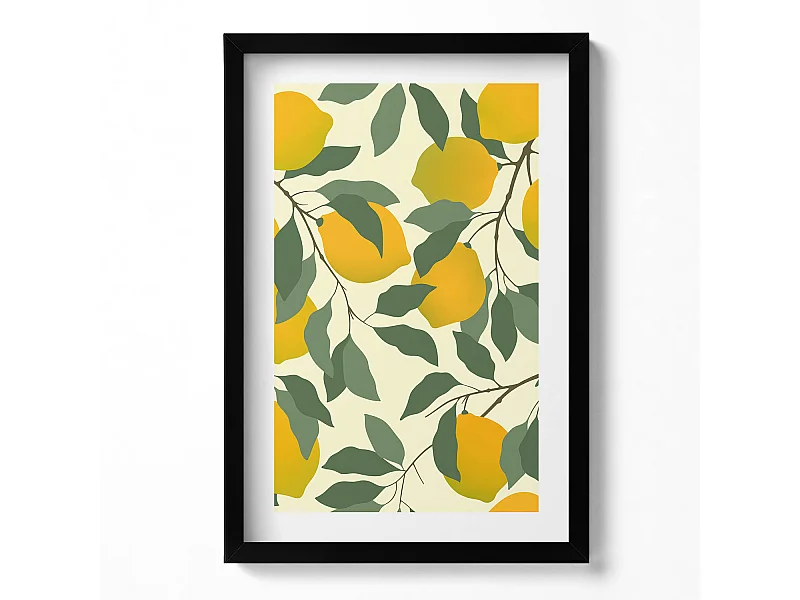 Dekoratives Gemälde mit schwarzem Rahmen, Illustration von Zitronen 40 x 60 cm – Perfekt für das Wohn- oder Schlafzimmer