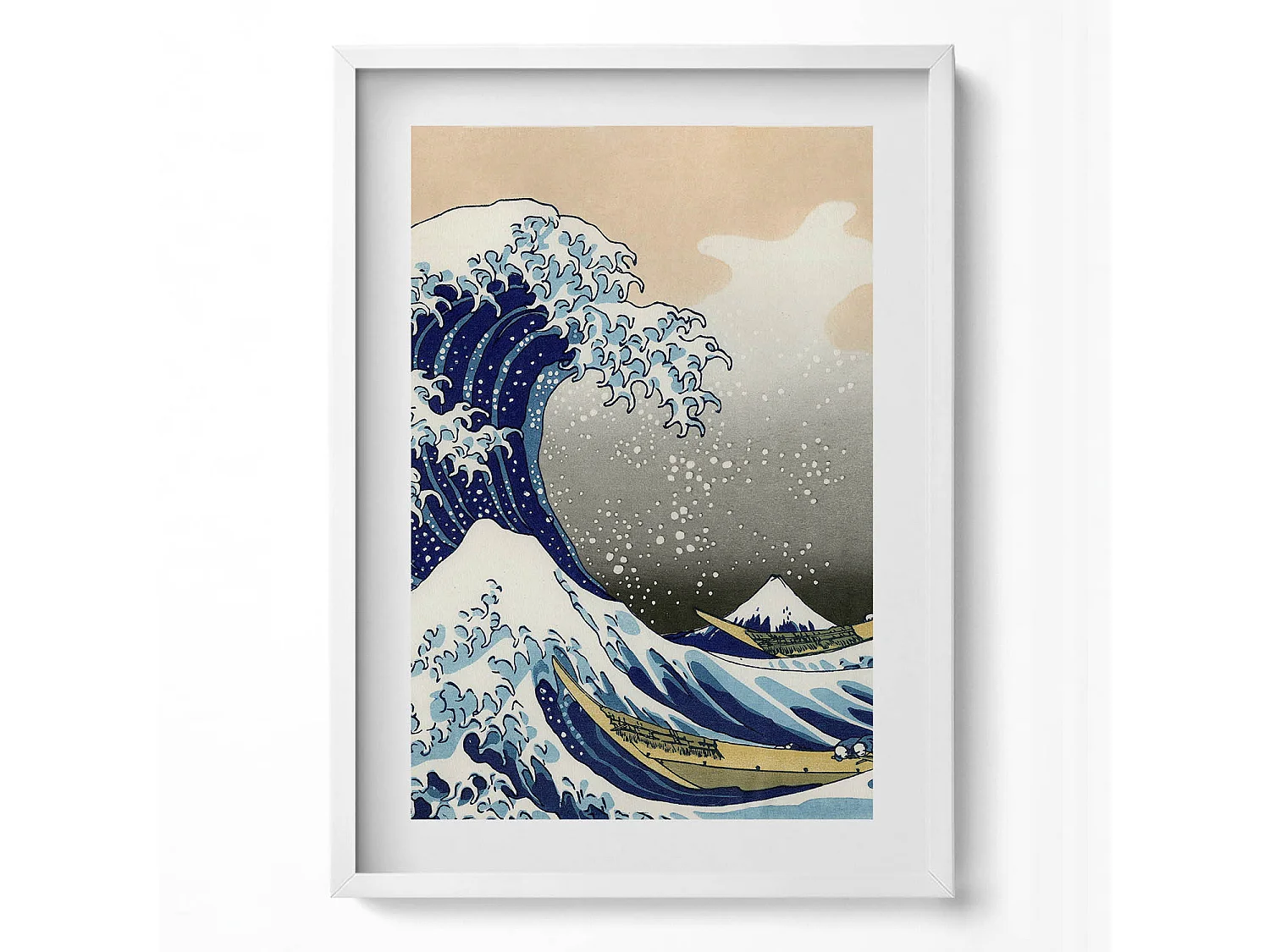 Dekoratives Gemälde mit weißem Rahmen, Große Welle in Kanagawa 50 x 70 cm – Perfekt für das Wohn- oder Schlafzimmer