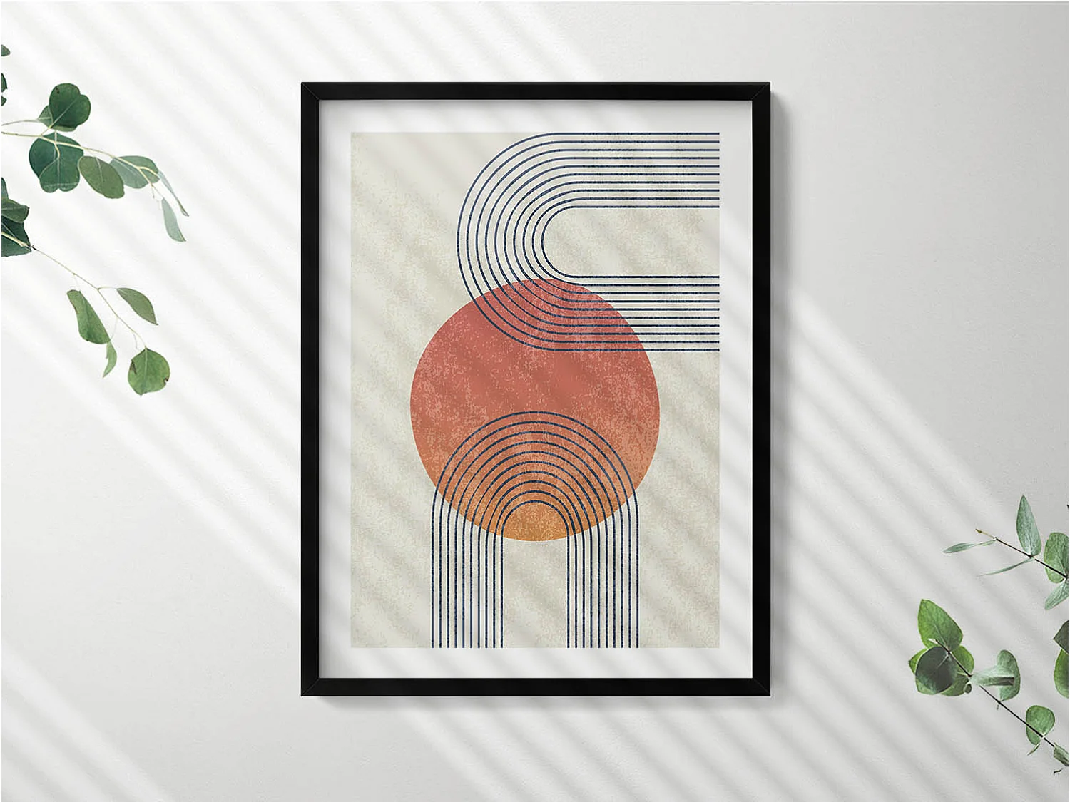 Dekoratives Gemälde mit schwarzem Rahmen, Linien und Kreis moderner Kunst 60 x 80 cm – Perfekt für das Wohn- oder Schlafzimmer