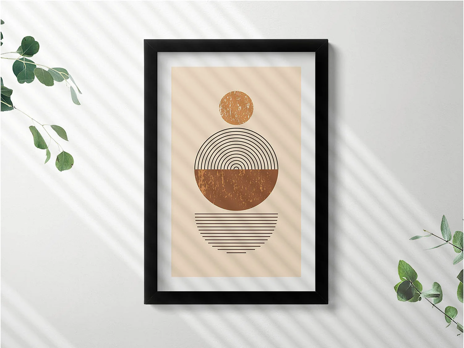 Tableau décoratif avec cadre noir, Reflets dorés et abstractions bohèmes 20 x 30 cm – Parfait pour le salon ou la chambre