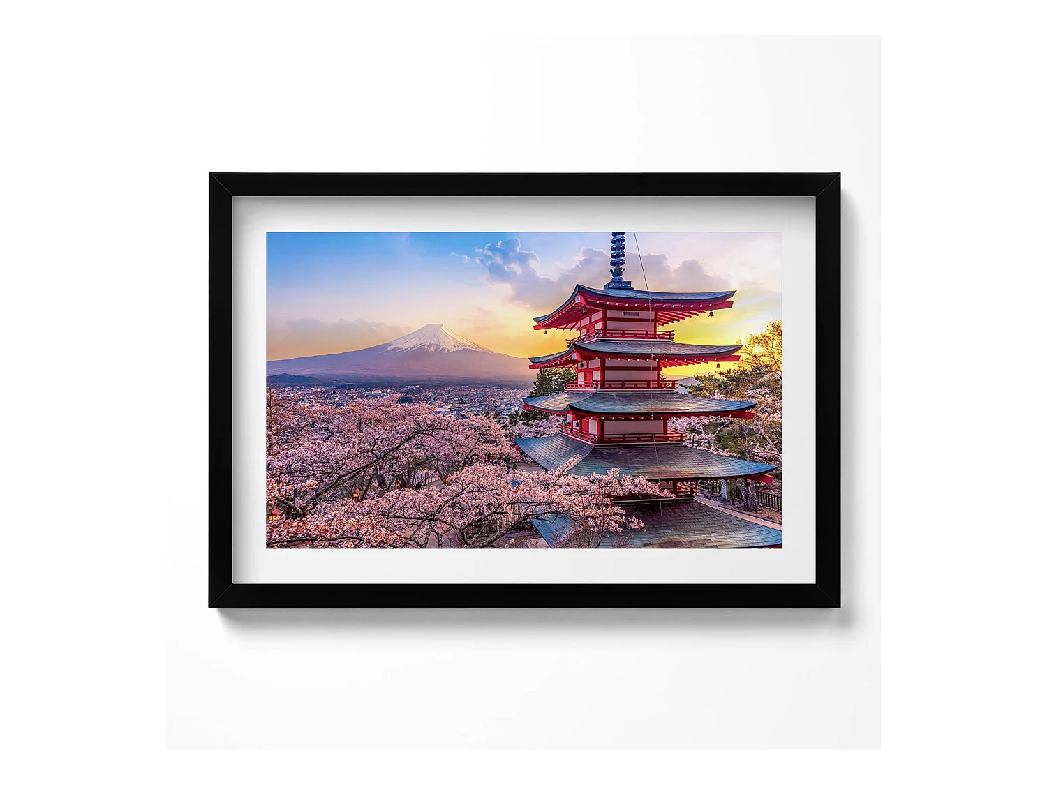Tableau décoratif avec cadre noir, construction japonaise 60 x 40 cm– Parfait pour le salon ou la chambre