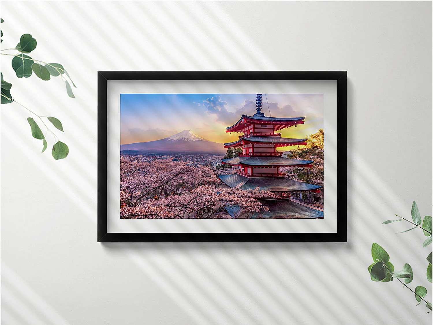 Tableau décoratif avec cadre noir, construction japonaise 60 x 40 cm– Parfait pour le salon ou la chambre