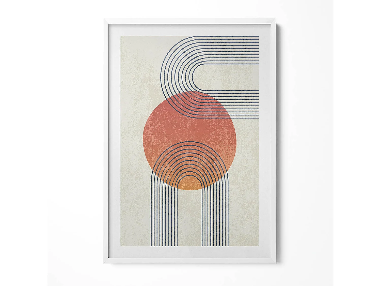 Dekoratives Gemälde mit weißem Rahmen, Linien und Kreis moderner Kunst 70 x 100 cm – Perfekt für das Wohn- oder Schlafzimmer