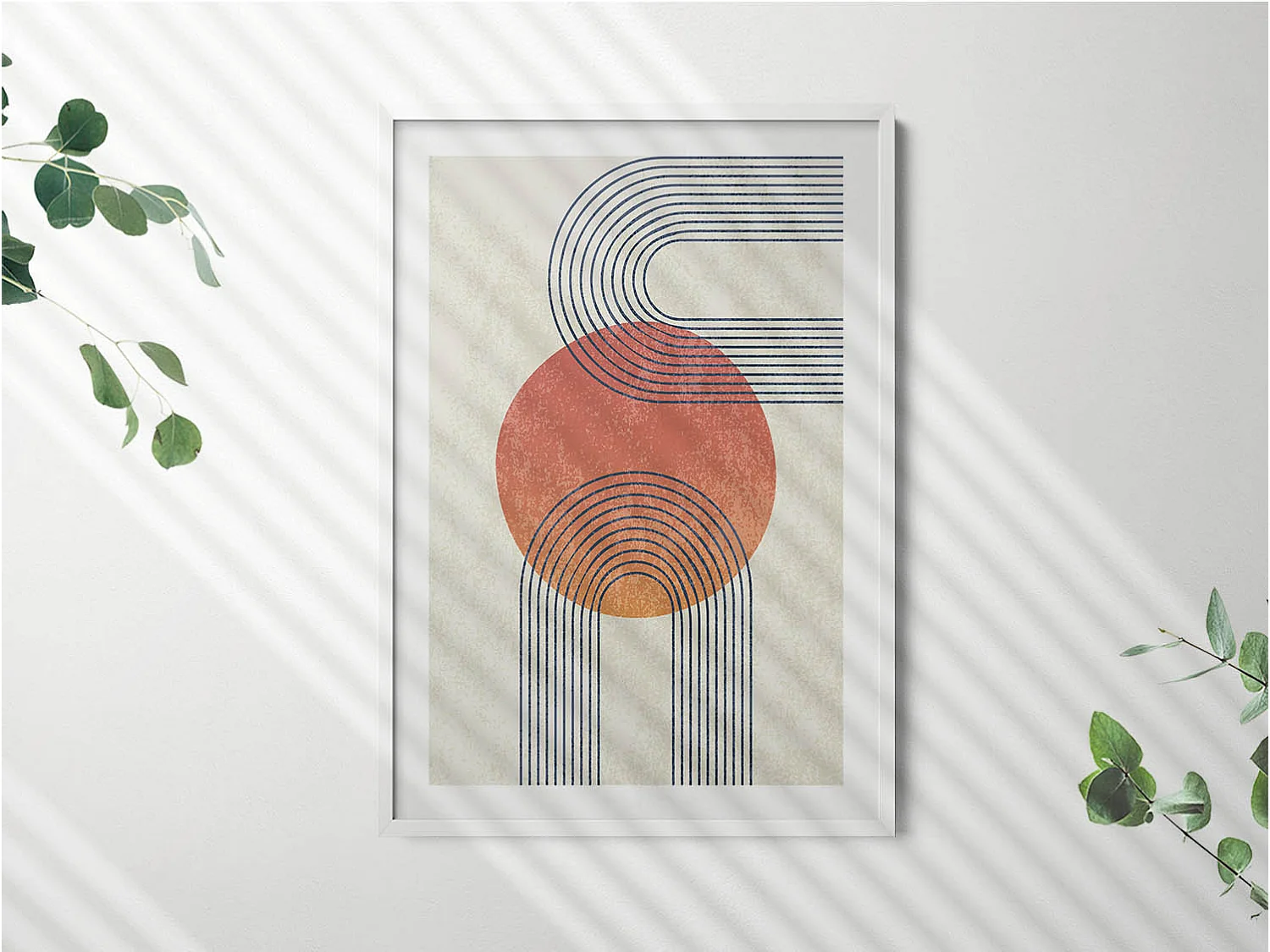 Dekoratives Gemälde mit weißem Rahmen, Linien und Kreis moderner Kunst 70 x 100 cm – Perfekt für das Wohn- oder Schlafzimmer