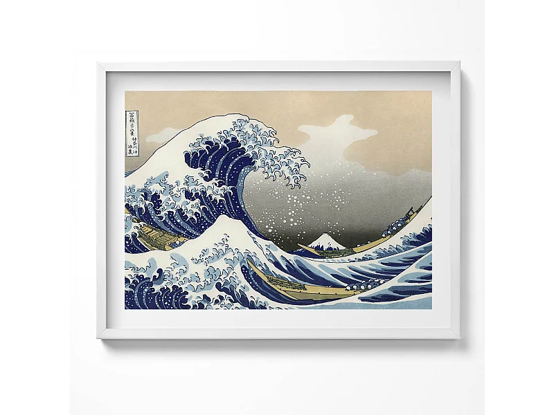 Dekoratives Gemälde mit weißem Rahmen, Große Welle in Kanagawa 80 x 60 cm – Perfekt für das Wohn- oder Schlafzimmer