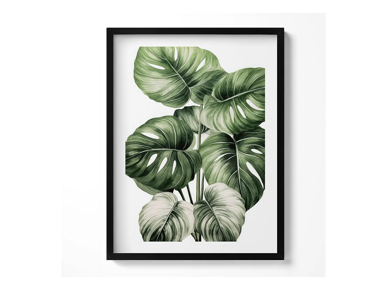 Tableau décoratif avec cadre noir, Feuilles de monstera peintes 60 x 80 cm– Parfait pour le salon ou la chambre