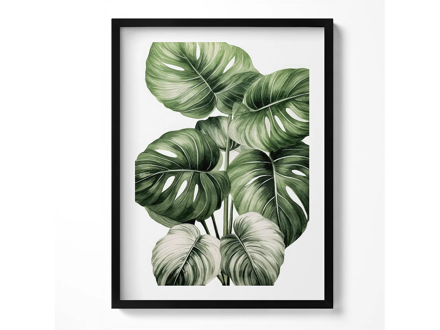 Tableau décoratif avec cadre noir, Feuilles de monstera peintes 60 x 80 cm– Parfait pour le salon ou la chambre