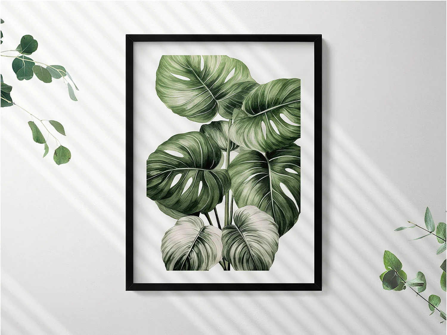 Tableau décoratif avec cadre noir, Feuilles de monstera peintes 60 x 80 cm– Parfait pour le salon ou la chambre
