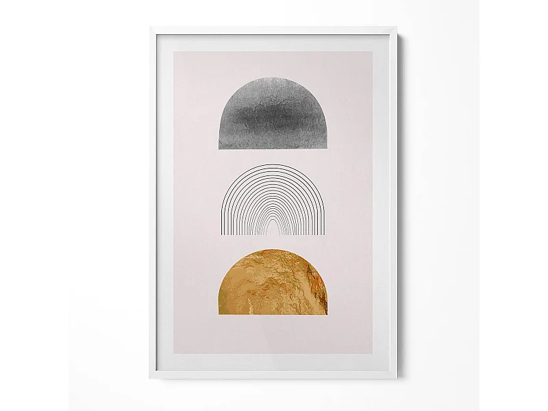 Tableau décoratif avec cadre blanc, Formes bohèmes avec de l'or 70 x 100 cm– Parfait pour le salon ou la chambre