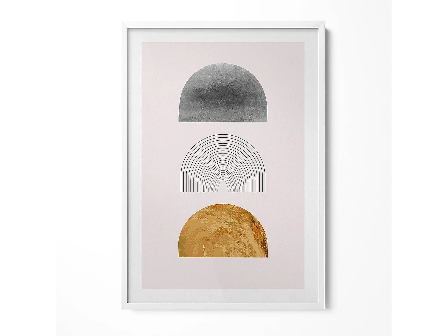 Tableau décoratif avec cadre blanc, Formes bohèmes avec de l'or 70 x 100 cm– Parfait pour le salon ou la chambre