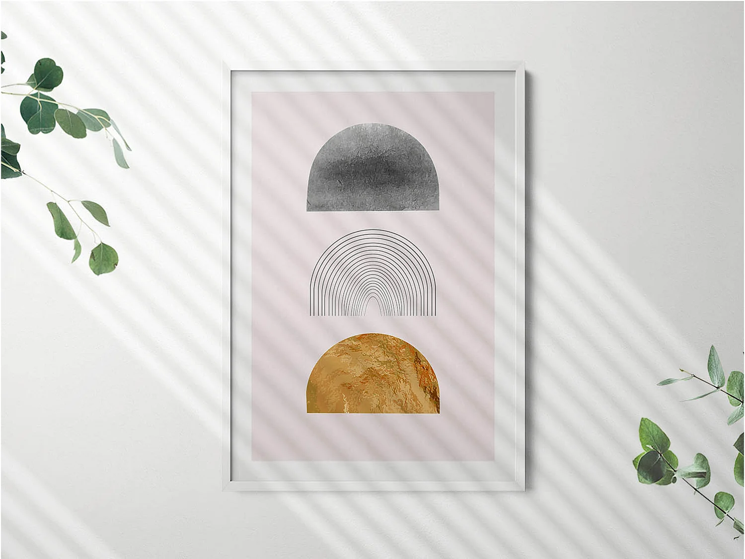 Tableau décoratif avec cadre blanc, Formes bohèmes avec de l'or 70 x 100 cm– Parfait pour le salon ou la chambre