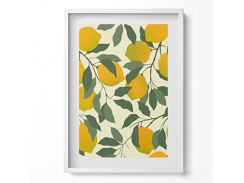 Tableau décoratif avec cadre blanc, Illustration de citrons 50 x 70 cm– Parfait pour le salon ou la chambre