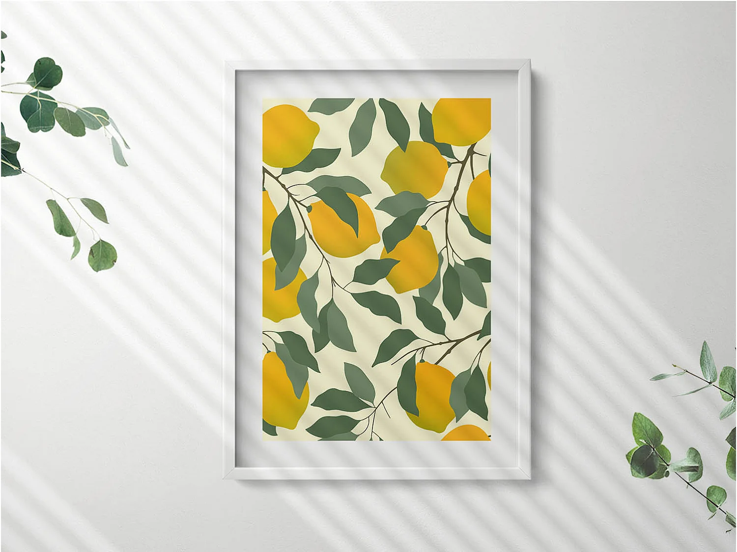 Decoratief schilderij met witte lijst, Illustratie van citroenen 50 x 70 cm – Perfect voor de woon- of slaapkamer