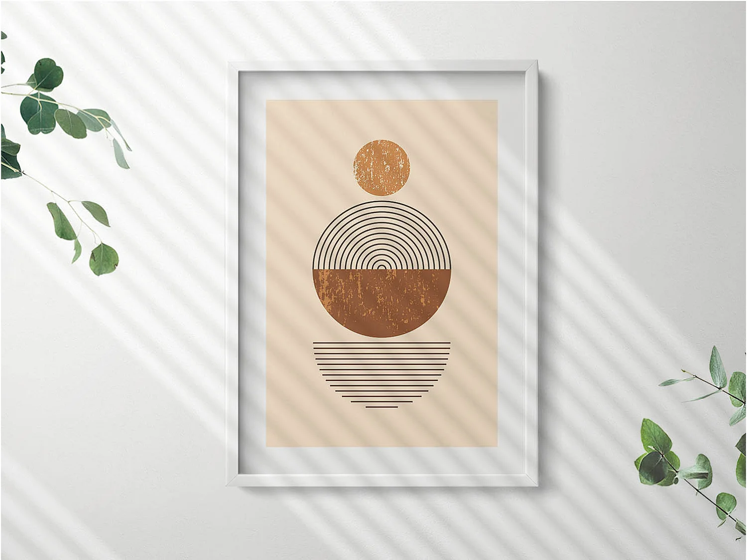 Dekoratives Gemälde mit weißem Rahmen, geometrische Kunst im Bohème-Stil 50 x 70 cm – perfekt für das Wohn- oder Schlafzimmer