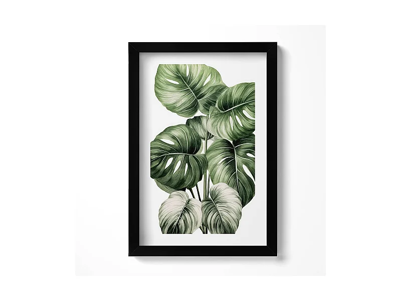 Dekoratives Gemälde mit schwarzem Rahmen, bemalte Monstera-Blätter 20 x 30 cm – perfekt für das Wohn- oder Schlafzimmer