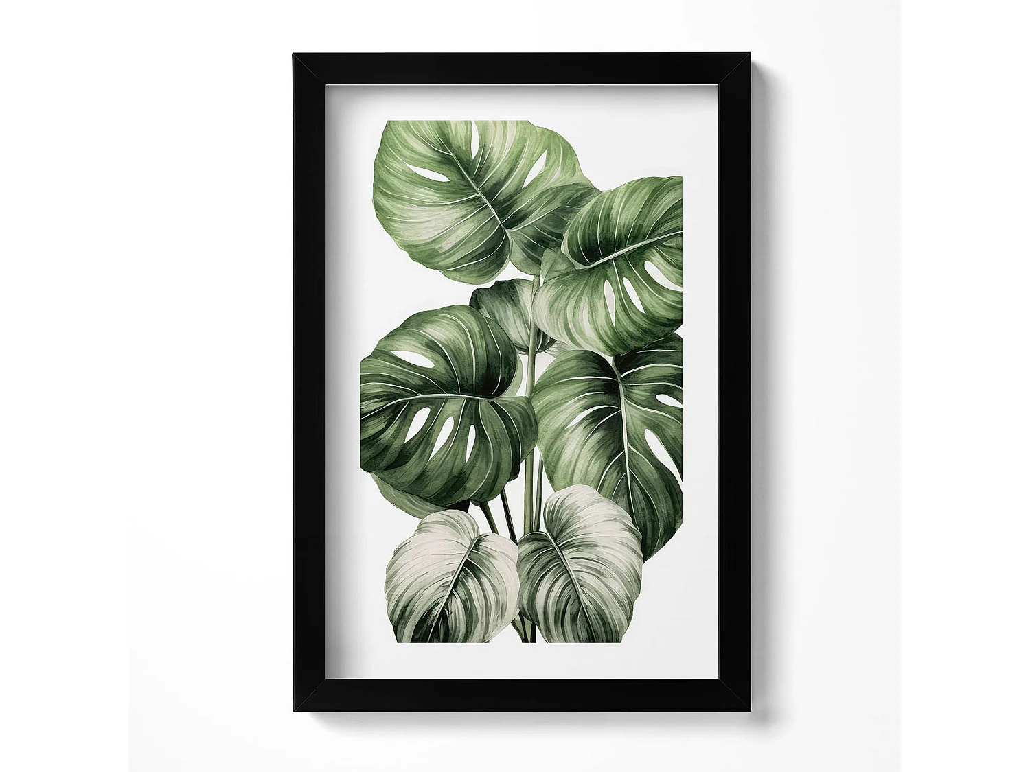 Tableau décoratif avec cadre noir, Feuilles de monstera peintes 20 x 30 cm – Parfait pour le salon ou la chambre