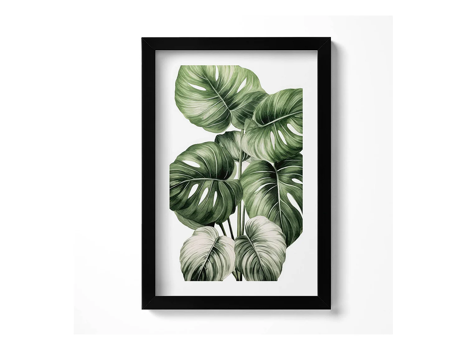 Tableau décoratif avec cadre noir, Feuilles de monstera peintes 20 x 30 cm – Parfait pour le salon ou la chambre