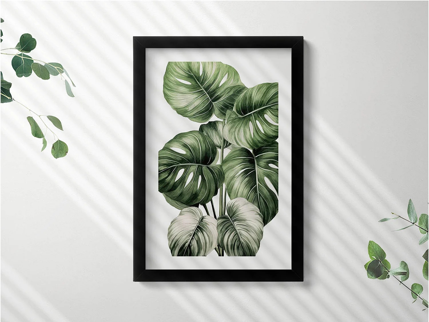 Tableau décoratif avec cadre noir, Feuilles de monstera peintes 20 x 30 cm – Parfait pour le salon ou la chambre