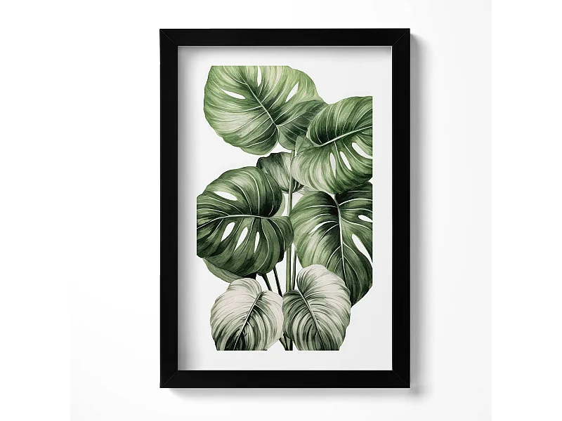 Dekoratives Gemälde mit schwarzem Rahmen, bemalte Monstera-Blätter 20 x 30 cm – perfekt für das Wohn- oder Schlafzimmer