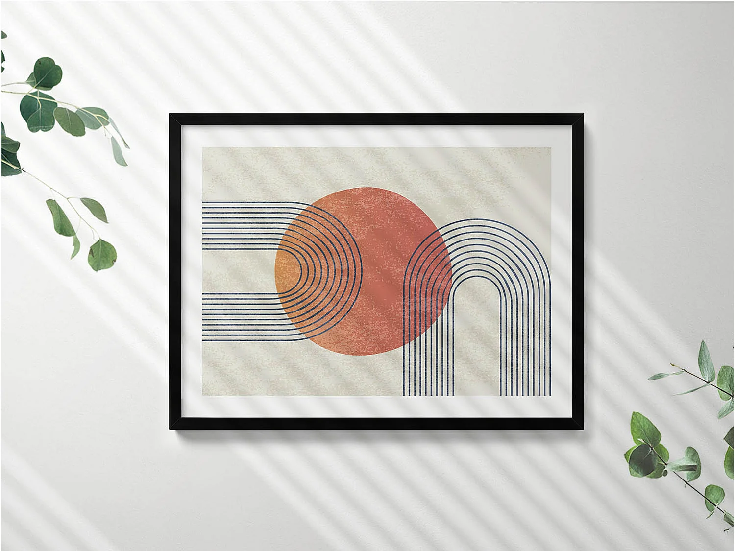 Dekoratives Gemälde mit schwarzem Rahmen, Linien und Kreis moderner Kunst 80 x 60 cm – Perfekt für das Wohn- oder Schlafzimmer