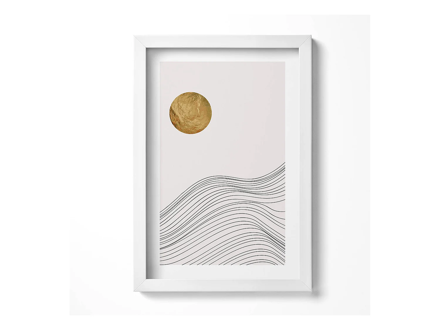 Tableau décoratif avec cadre blanc, Abstraction minimaliste avec détails dorés 20 x 30 cm – Parfait pour le salon ou la chambre